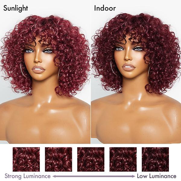 Beginner Friendly Dark Red Water Wave Glueless Minimalist Lace Curly Wig with Bangs