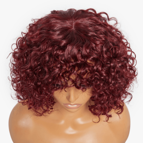 Beginner Friendly Dark Red Water Wave Glueless Minimalist Lace Curly Wig with Bangs