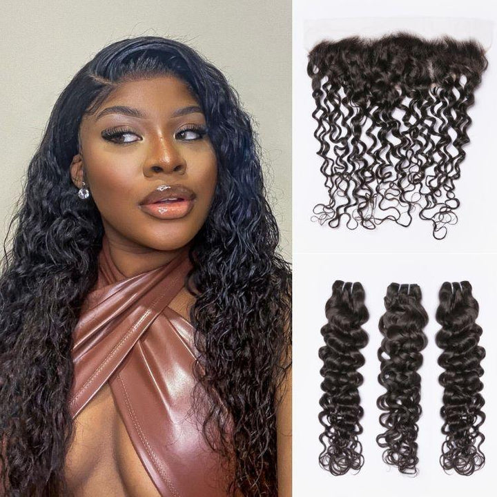 Water Wave 13x4 Lace Frontal with 3 Curly Bundles 100% Human Hair