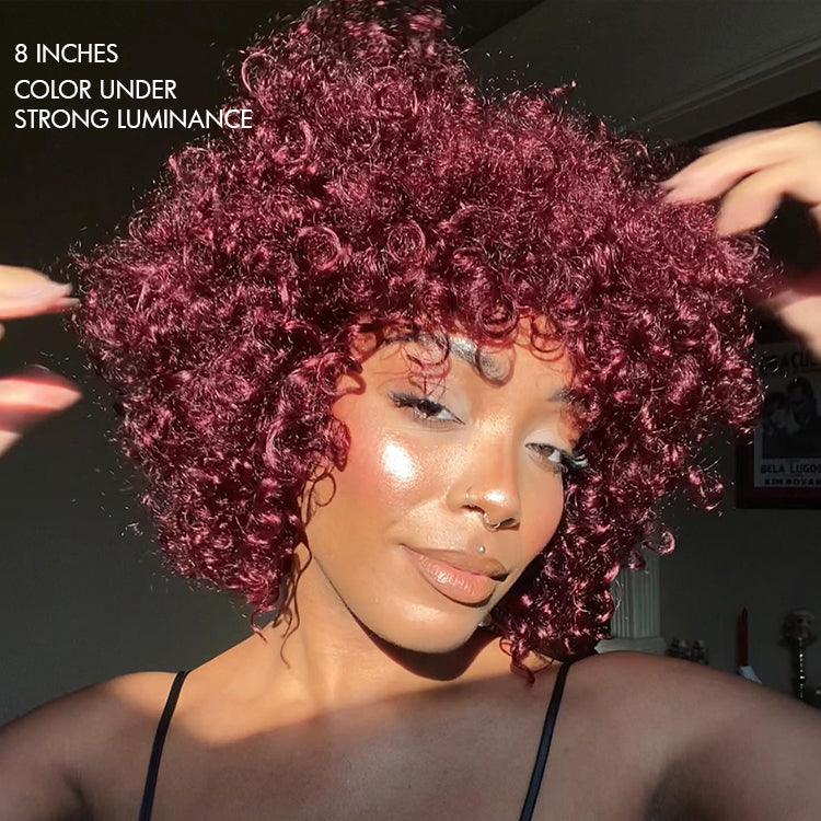 Beginner Friendly Dark Red Water Wave Glueless Minimalist Lace Curly Wig with Bangs