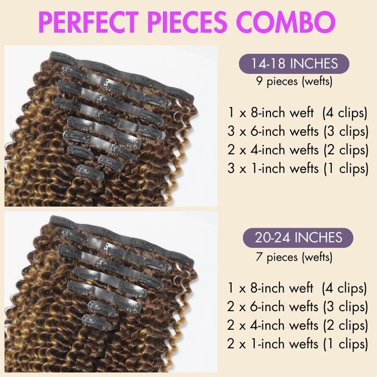 Seamless Brown Highlight Deep Wave Clip in Human Hair Extensions 135g 9pcs / 7pcs with Free Gift