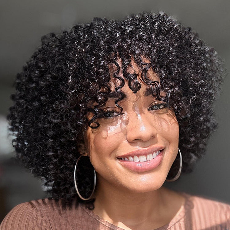 1 SEC INSTALL WIG | Shaggy Wolf Cut Throw On & Go Afro Curly Glueless Short Curly Wig with Bangs