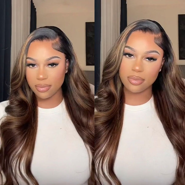 Highlight Brown Body Wave Lace Wig Parting Max 9×6 Lace Wig Balayage Human Hair Lace Wig