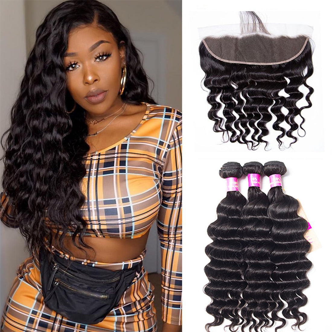 Loose Deep Virgin Human Hair 3 Bundles with 13×4 HD Lace Frontal