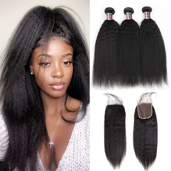 Brazilian Kinky Straight Virgin Hair 3 Bundles with Lace Closure