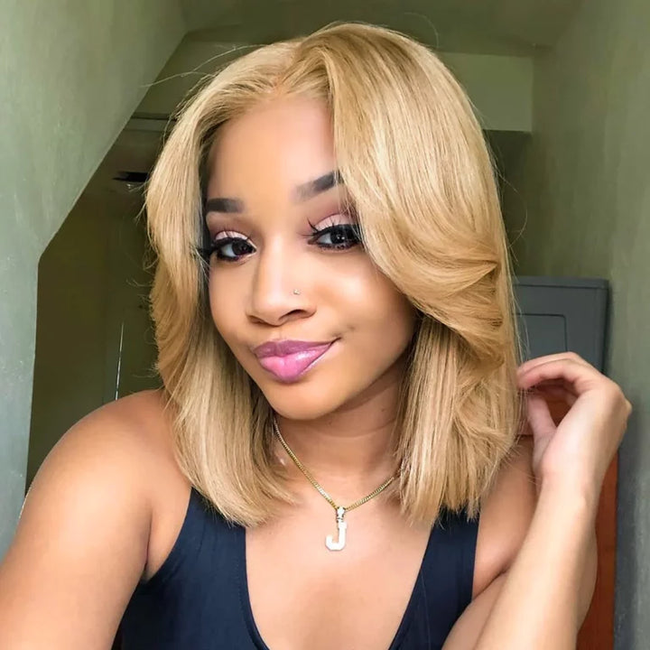 Glueless Honey Blonde Bob Wig Straight Pre-Cut 6×5 HD Lace Closure Short Wig