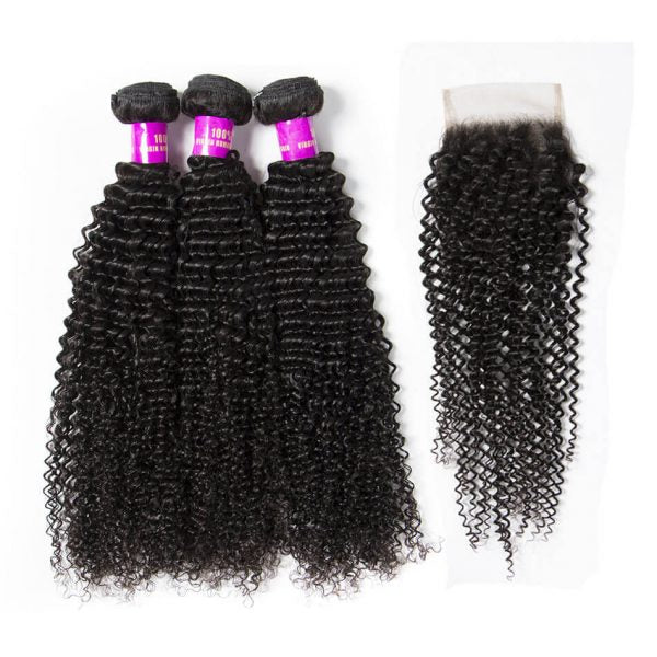 Hair Brazilian Kinky Curly Virgin Hair 3 Bundles with Lace Closure